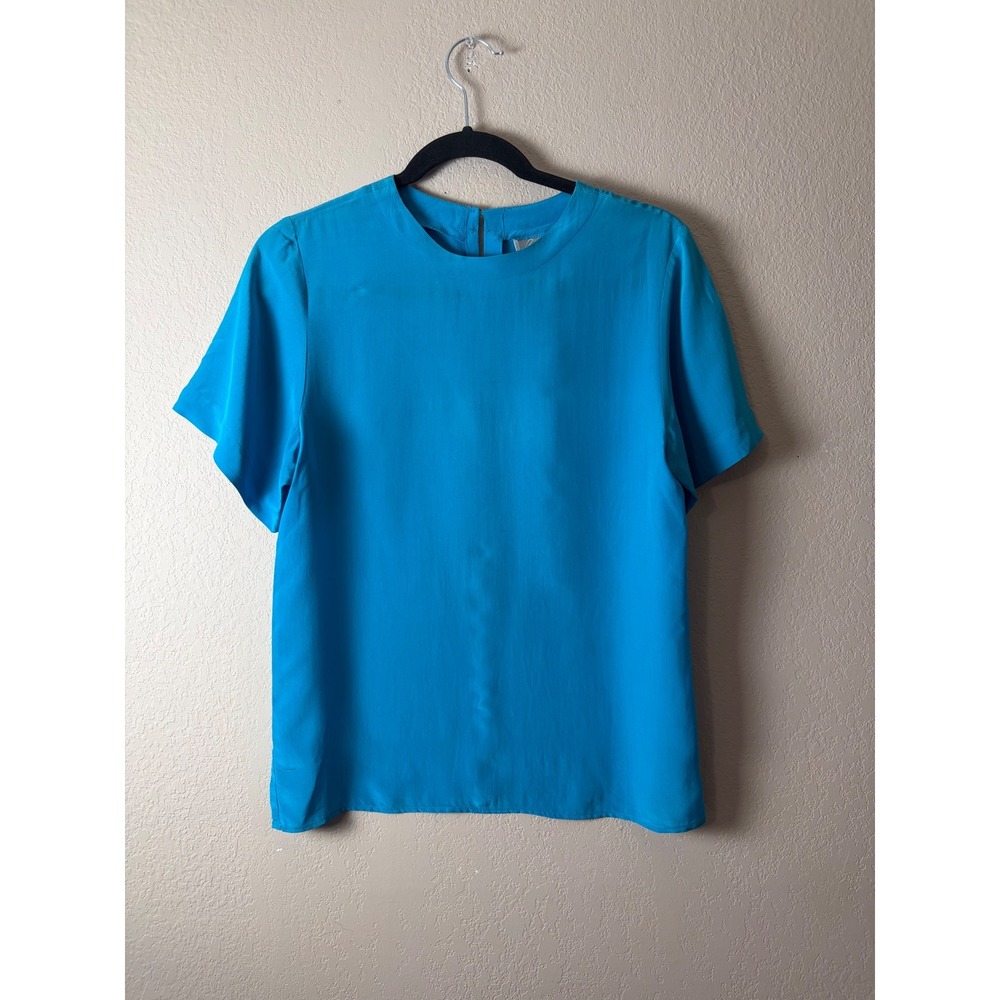 Pat Argenti 100% Pure Silk Short Sleeve Blouse Bright Blue XS Keyhole Back